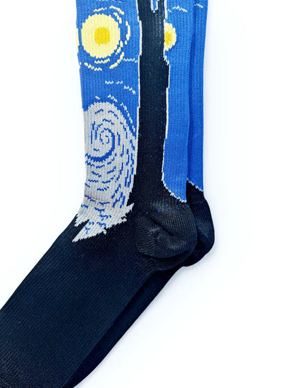 A pair of blue Compression Socks, heel view