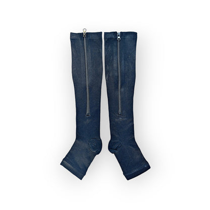 A pair of black colored zippered knee-high compression socks