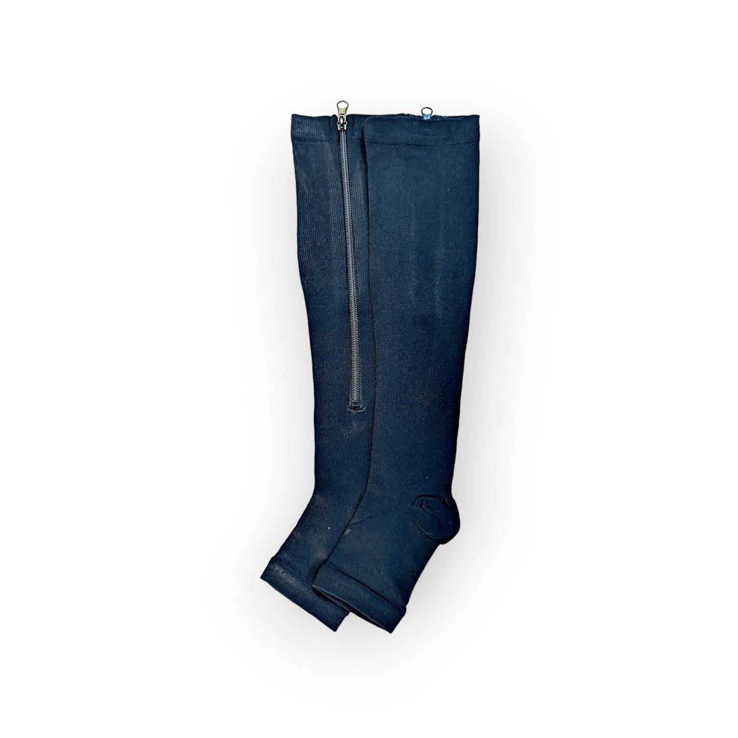 A pair of black colored zippered knee-high compression socks