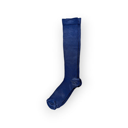 A pair of Navy blue compression socks.