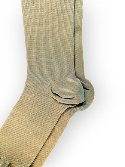 The heel part of a pair of skin-colored compression socks
